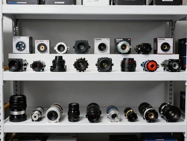 Overhead flat-lay of organized automotive sensors and connectors on a white warehouse shelf, bright studio lighting, part codes clearly visible on packaging labels