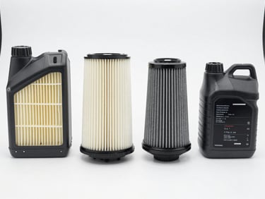 Overhead studio shot of four automotive filters — oil, air, fuel, cabin — arranged in a row on white surface, part numbers on labels readable, even bright lighting