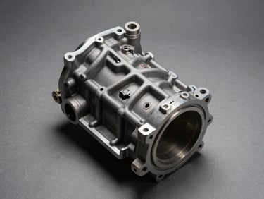 Overhead studio shot of an automotive transmission casing on a grey neutral surface, serial number plate visible, high-contrast directional light
