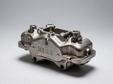 Close-up macro shot of a brake caliper part number stamped into metal, studio strobe lighting, sharp shadow definition on white surface, part isolated on neutral grey background