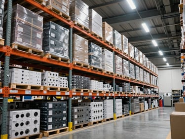 Wide shot of warehouse shelving rows stacked with boxed automotive parts, bright overhead industrial lighting, inventory labels visible, no people, clean and organized