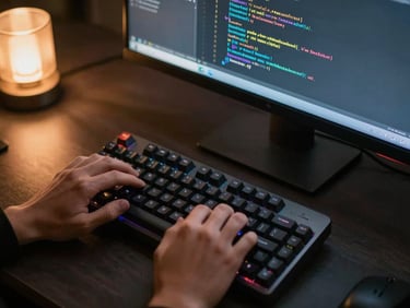 Tight overhead crop of hands at a mechanical keyboard reviewing code on a large monitor, dark desk surface, warm amber lamp glow from the left, lines of backend logic visible on screen, no faces