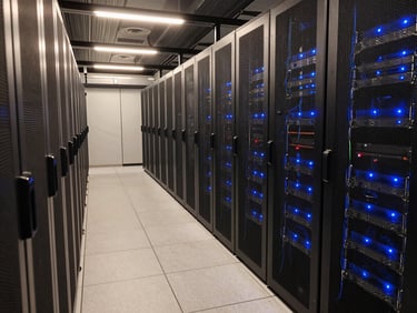 Wide environmental shot inside a colocation data centre, rows of illuminated server rack units receding into the background, cool blue indicator lights, warm overhead strip lighting casting sharp shadows on cable management panels