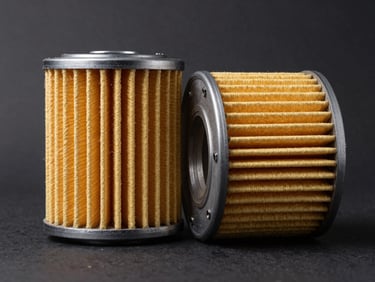 Flat-lay close-up of an oil filter cross-section and air filter element side by side on a dark matte background, studio lighting revealing fibrous filter media texture