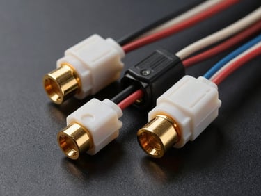 Close-up of automotive wiring harness connectors and sensors arranged on a dark matte surface, precise studio lighting highlighting gold-plated terminals and polymer housings
