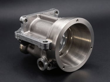 Macro close-up of a high-flow intake manifold port and throttle body assembly on a dark matte surface, dramatic raking side-light showing machined aluminum finish and port geometry
