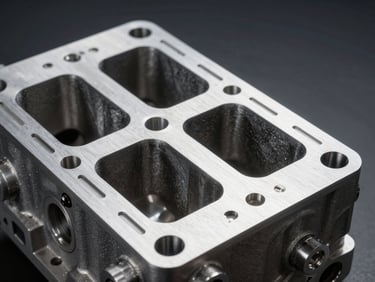 Extreme close-up of a machined aluminum engine block surface under dramatic side-lighting, metallic texture sharp against a dark matte background, precision casting detail visible
