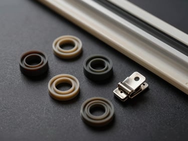 Flat-lay close-up of body trim clips, rubber seals and a door molding strip arranged on a dark matte background, studio lighting revealing material finish and clip geometry
