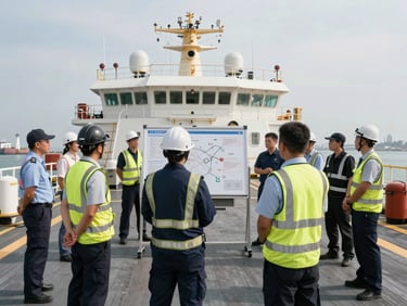 Wide shot of a crew safety briefing on a vessel deck, officers and ratings gathered around a diagram board, port infrastructure visible behind them, flat daylight, documentary framing