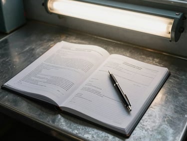 Open maritime compliance logbook on a steel desk, certification documents beside it, a pen resting across the page, fluorescent overhead light in a ship's office, close and documentary in framing