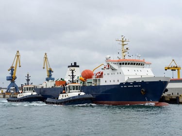 Commercial vessel moving through a busy port channel, tugboats alongside, crane gantries in the background, overcast sky, wide environmental shot showing operational scale