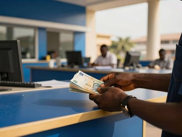 Mains échangeant des billets de banque maliens sur un comptoir, avec un fond flou de bureau moderne, lumière du jour claire.