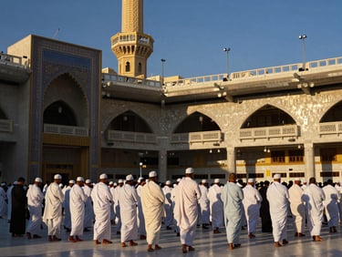 Pilgrims in white ihram clothing at the Grand Mosque in Mecca, seen from a respectful distance, warm golden light, architectural details, deep blue and gold tones.