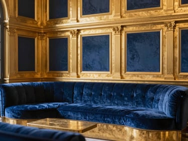 Lobby d'un hôtel de luxe avec des accents dorés, des canapés en velours et une lumière ambiante chaleureuse, style élégant.