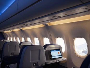 Modern aircraft cabin interior, empty, with soft ambient lighting, a tablet displaying a flight booking, professional and clean, deep blue and gold tones.