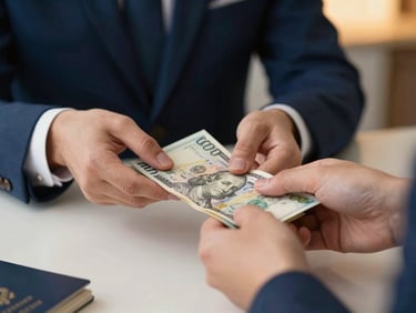 Close-up of hands exchanging currency, with travel documents (passport, visa) on a clean desk, soft ambient light, professional setting, deep blue and gold tones.