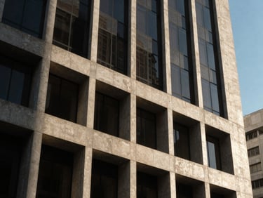 Sober architectural view of a modern corporate headquarters facade in São Paulo, sharp concrete lines, dark glass, dramatic late afternoon shadows.
