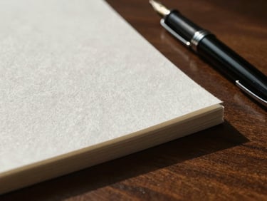 Tactile close-up of heavy textured cotton paper stock resting on a dark walnut desk, a classic black fountain pen beside it, dramatic side-light casting elegant long shadows, sober corporate atmosphere.