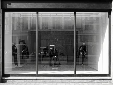 Wide angle of a high-end boutique storefront in Liège with dusty, finger-marked display windows, dull reflections, before cleaning