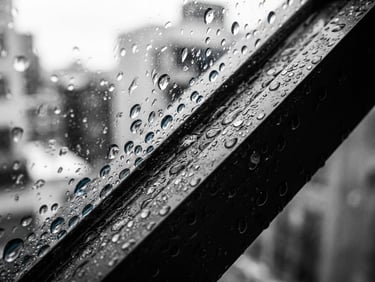 Macro shot of clean metal window frame with water droplets, sharp focus, high contrast, 35mm