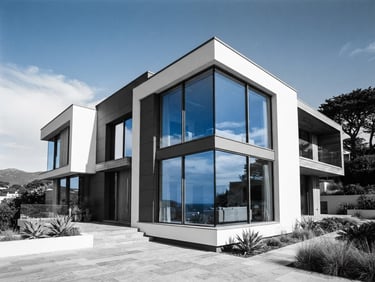 Modern architectural villa with massive clean bay windows reflecting the bright sky, sharp details, daylight, 35mm