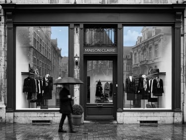 Upscale boutique storefront in Liège with pristine clean glass windows, high contrast, daylight, 35mm