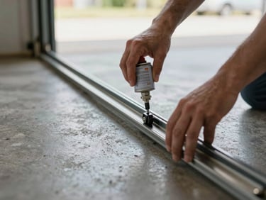 Technician hands lubricating garage door roller tracks with a spray can, close-up, natural daylight through open garage, concrete floor visible below