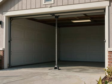 Wide shot of a residential garage door with a broken torsion spring, garage interior visible, natural daylight, concrete driveway in foreground