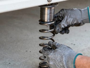 Close-up of a technician's gloved hands replacing a garage door torsion spring, natural daylight, concrete floor visible below, sharp focus on the spring coil