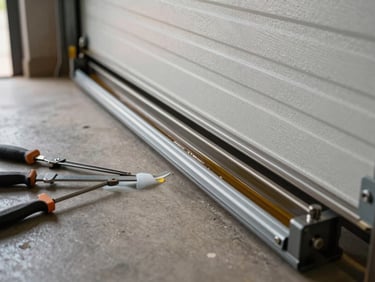 Close-up of a garage door roller and track hardware being lubricated during routine maintenance, natural indoor light with daylight from the open bay, tools on the floor beside
