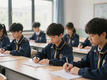 Students engaged in hands-on learning in a modern, sunlit classroom, soft natural window light, deep navy and gold accents, shallow depth of field, 35mm.