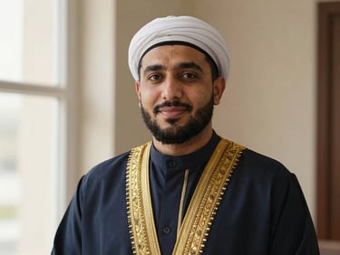 Professional portrait of Sayyid Muntadher Al-Jabery, warm natural light, soft focus, representing Islamic supervision.