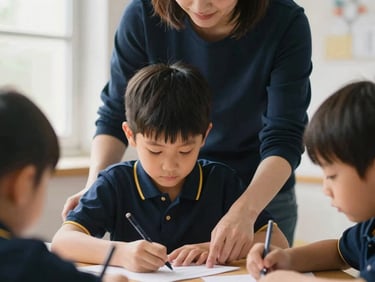 Parent gently assisting a child with a school project in a warm, collaborative setting, soft natural window light, deep navy and gold accents, shallow depth of field, 35mm.