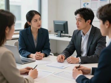 A professional consultation inside a modern assisted living facility office, executive strategy documents on a clean desk.