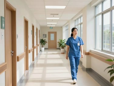 A bright, modern skilled nursing facility corridor, clean clinical lines, natural daylight, professional healthcare setting.
