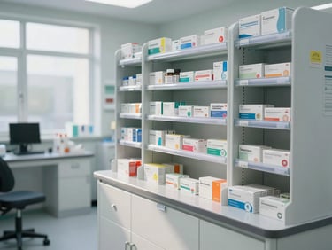 A clean, modern pharmacy cleanroom with organized medication packaging systems, bright natural light, professional environment.