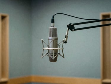 A high-quality broadcast microphone on a boom arm in a softly lit recording studio, warm accent lighting in the background, shallow depth of field, professional editorial style.