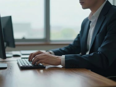 Medium close-up of a reflective professional sitting at a wooden desk in a modern workspace, soft overcast daylight through a window, shallow depth of field, 35mm editorial photography.