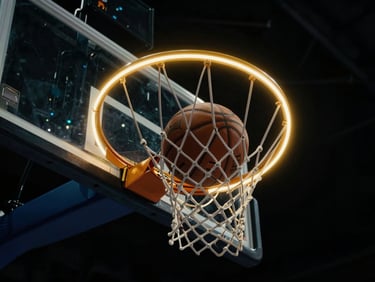 Low-angle shot of a basketball entering a glowing neon hoop, dark stadium atmosphere, dramatic gold rim light, cinematic, 35mm