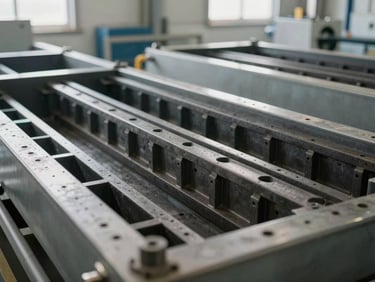 Bright, natural light photo of a pool manufacturing facility, showing industrial molds and structured pool frames under quality inspection.