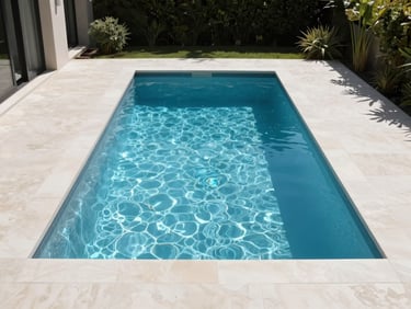 Wide-angle architectural shot of a modern rectangular pool integrated into a minimalist residential backyard, bright natural midday sunlight, crisp blue water.