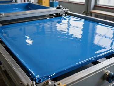 Close-up of industrial pool manufacturing, high-quality blue gelcoat application, precise engineering environment, natural bright daylight.