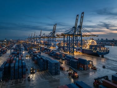 Wide-angle industrial shipping terminal at dusk, towering gantry cranes, stacked blue and navy cargo containers, sharp focus, cool desaturated tones, natural twilight.