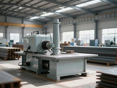Heavy industrial machinery and steel construction materials in a clean modern warehouse, bright natural daylight, high-contrast shadows