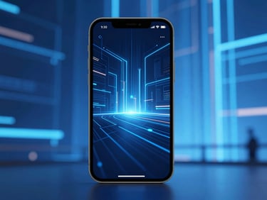 Sleek smartphone displaying a complex app interface, abstract architectural data flows in the background, cool blue ambient lighting, high contrast, professional tech environment, 35mm