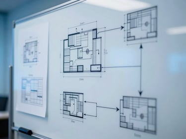 Close-up of a collaborative whiteboarding session, architectural diagrams and system flows, cool blue ambient lighting, high contrast, professional tech environment, 35mm