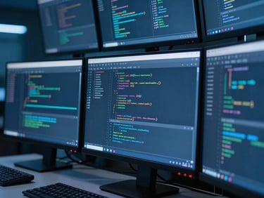 Close-up of a developer's workspace, multiple monitors displaying complex code and data flow diagrams, cool blue ambient lighting, sharp focus, professional tech environment, 35mm