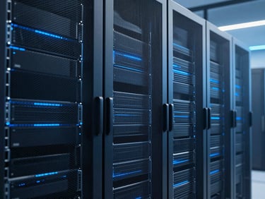 High-end server racks in a data center, abstract architectural data flows, cool blue ambient lighting, high contrast, professional tech environment, 35mm