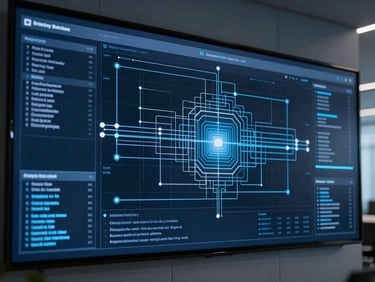 Abstract architectural data flow visualization on a large screen in a modern office, subtle blue accents, high contrast, sleek corporate technology photography, 35mm