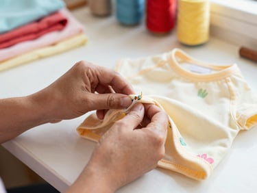 Close-up of hands carefully sewing a tiny colorful pet shirt in a warm, sunlit Mexican workshop, fabrics and threads in the background, soft focus, warm daylight.